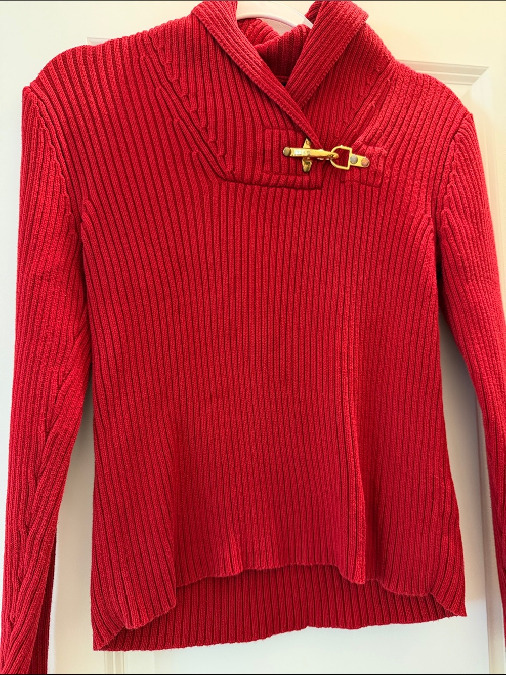 Ralph Lauren Red Ribbed Hooded Sweater with Gold Toggle Accent Vintage